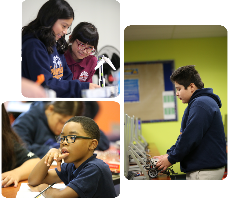 Collage showcasing various student activities including academics, science, and hands-on projects.